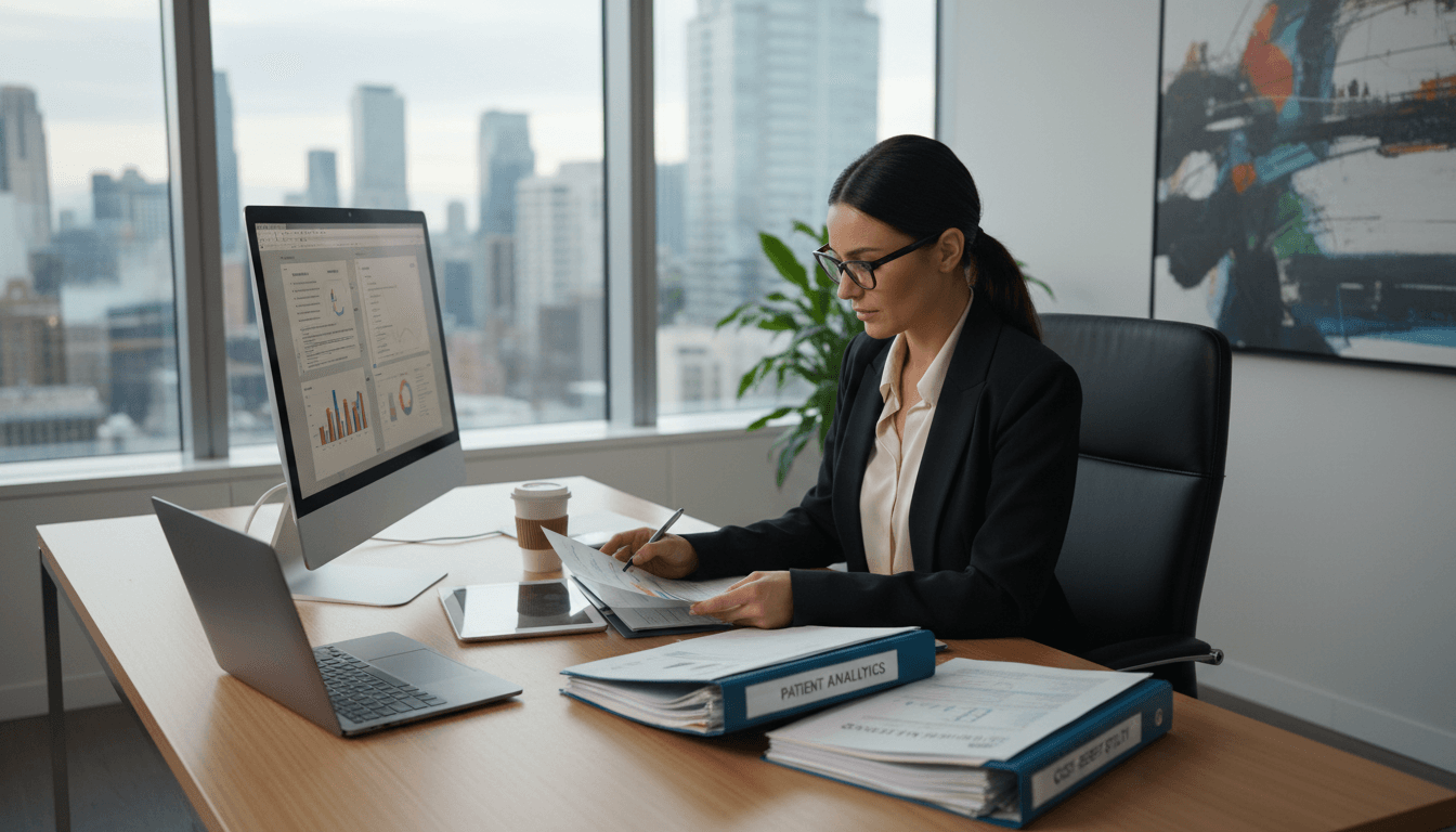 Healthcare consultant reviewing compliance documents