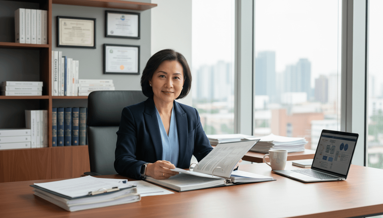 Healthcare compliance consultant reviewing medical documents at a modern office desk