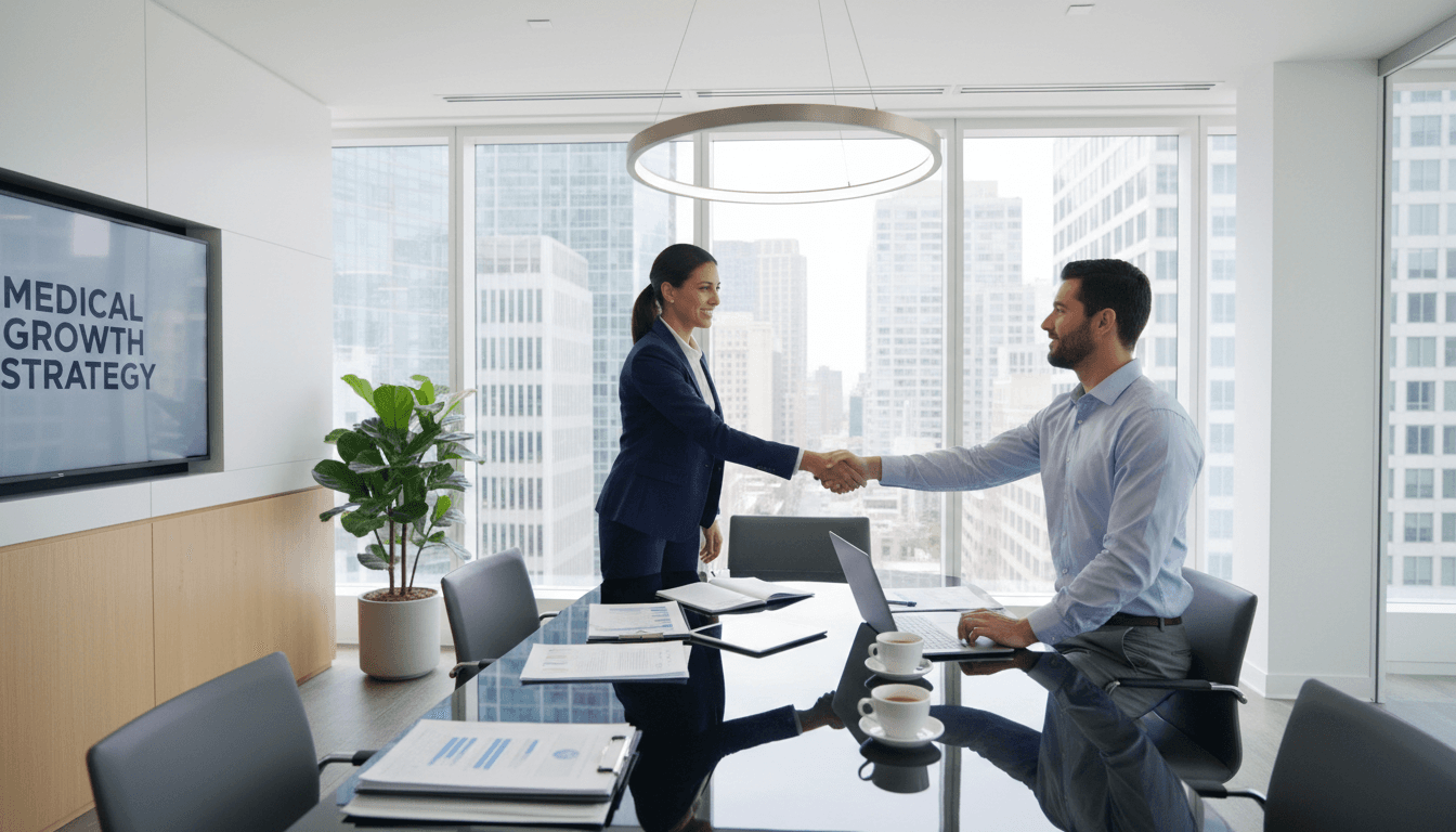 Healthcare consultant discussing compliance strategies with physician in professional office setting