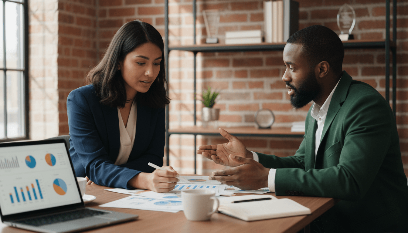 Healthcare business consultant reviewing compliance documents with provider in professional office setting