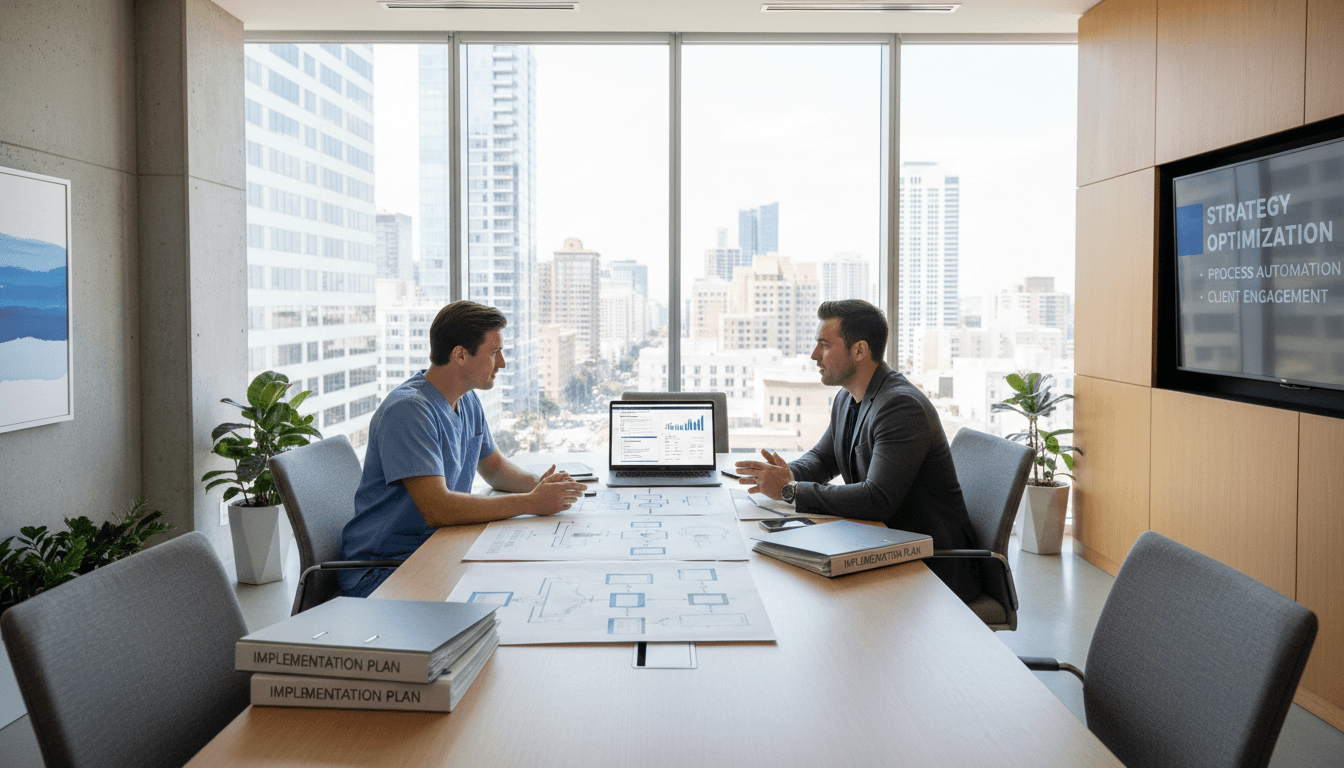 Healthcare consultant in professional meeting discussing compliance and operational strategies with medical practice owner