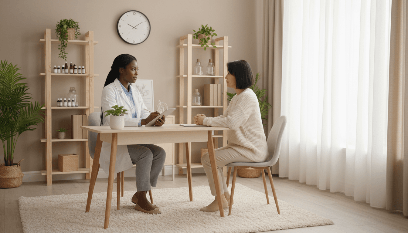 Healthcare business consultant in professional meeting with medical practice leadership in bright modern office