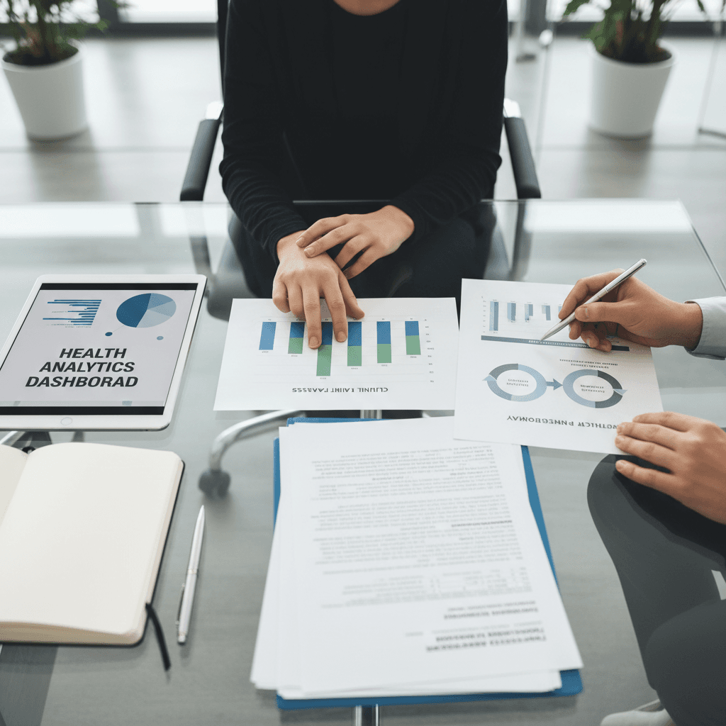 Healthcare compliance consultant reviewing medical documents at office desk